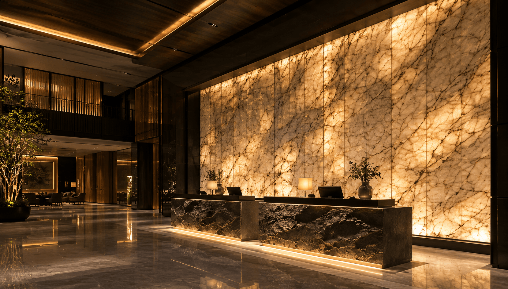 Flexible stone applied to curved column in UAE hotel lobby