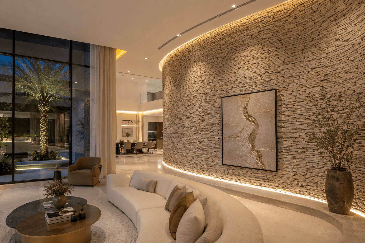 Curved textured stone feature wall