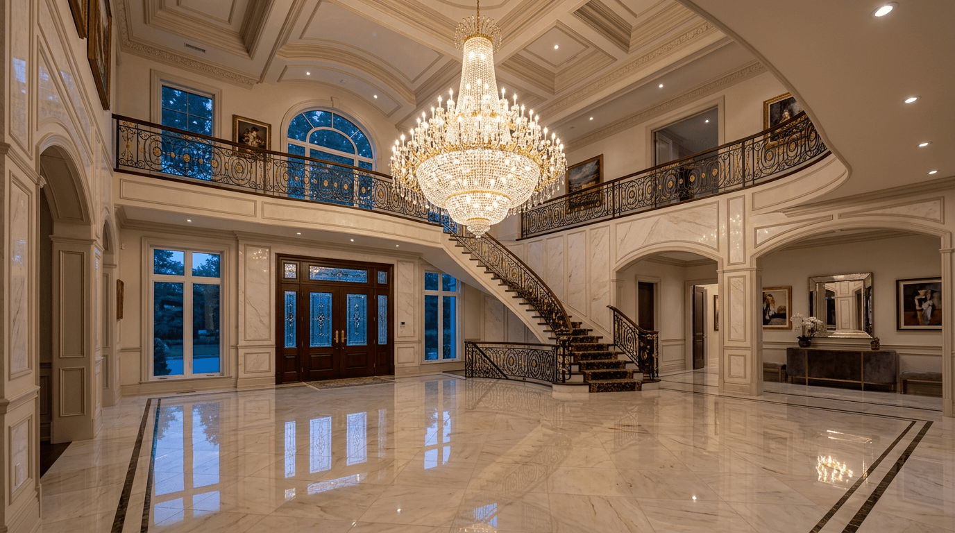 Grand chandelier in marble entrance hall