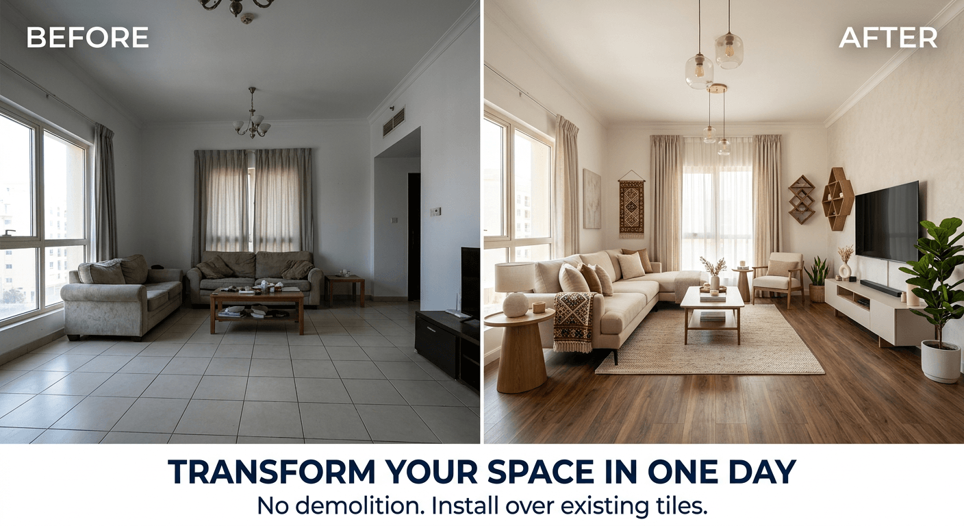 Transform your space in one day - before and after SPC flooring installation, no demolition needed