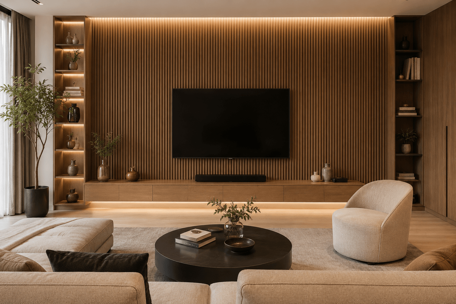 Wood slat TV wall in modern living room