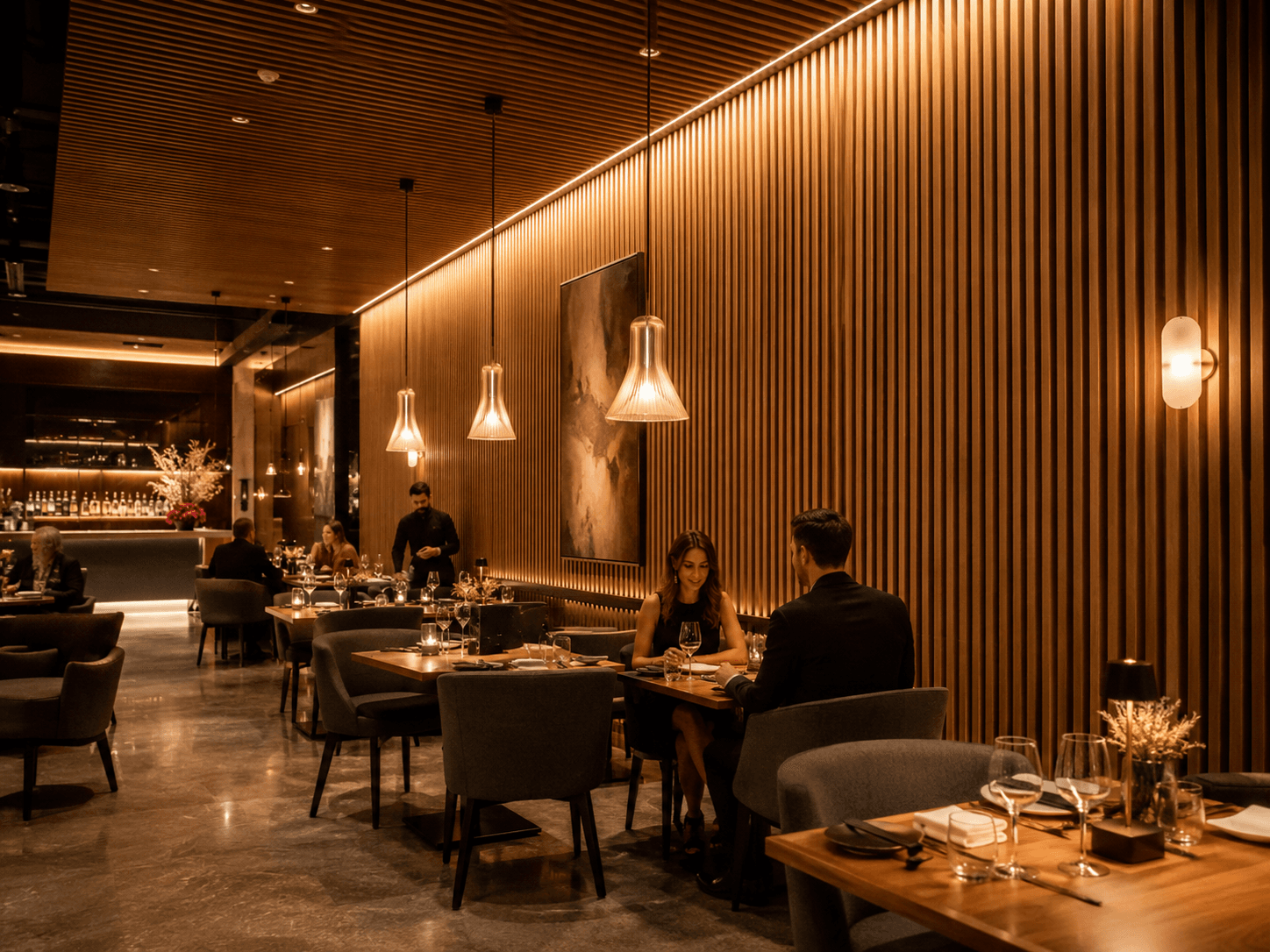 Wood slat panels in upscale restaurant