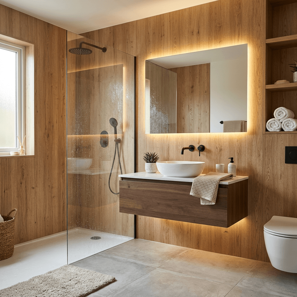 Wood panels in modern bathroom