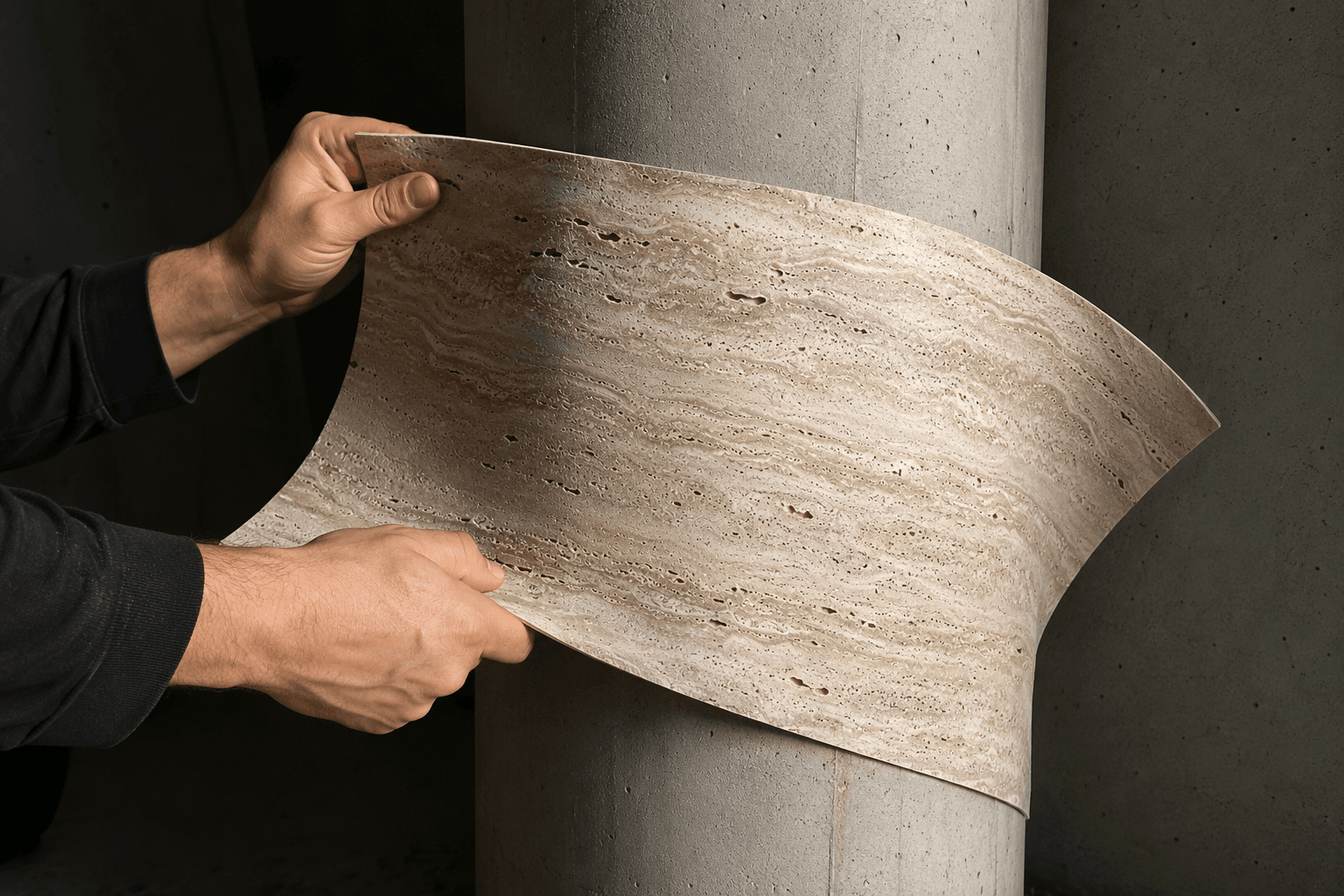 Flexible stone sheet bending around a curved surface - demonstrating flexibility