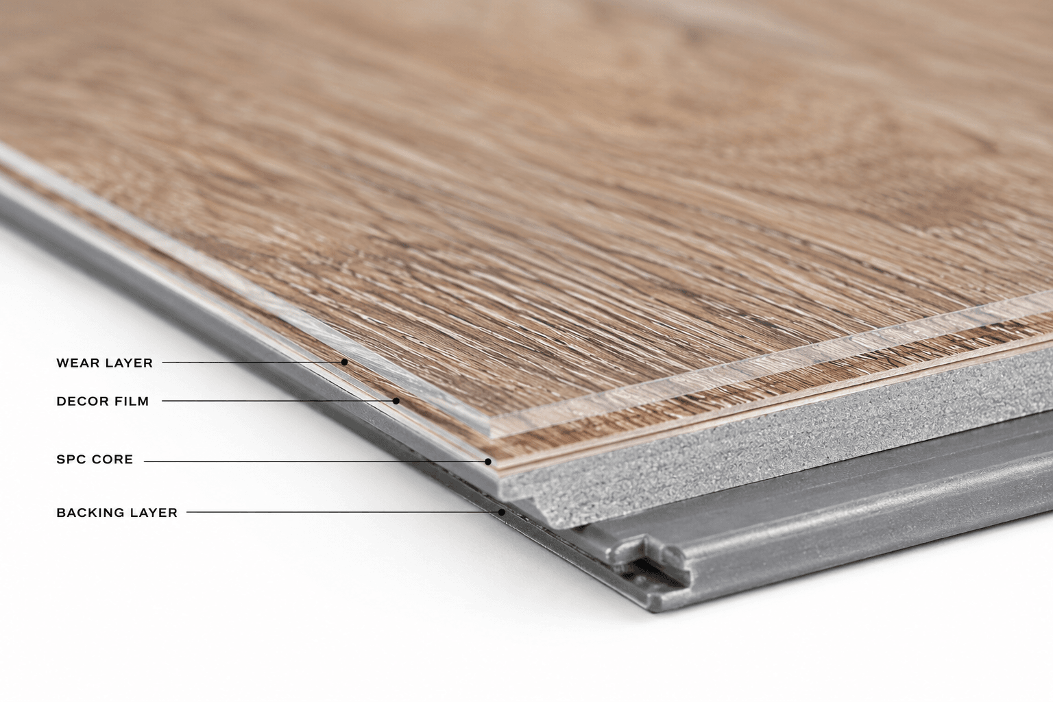 SPC flooring layer construction showing stone polymer composite core