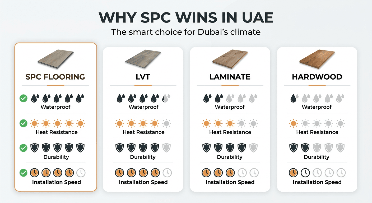 Why SPC flooring wins in UAE - comparison vs LVT, laminate, hardwood on waterproofing, heat resistance, durability, installation speed