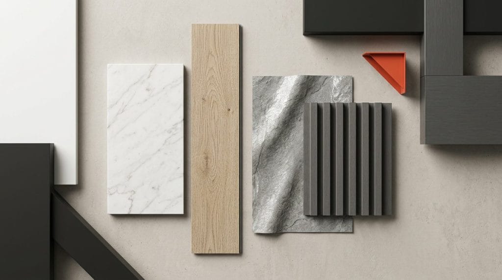 Curated interior finishing materials — marble, SPC flooring and wall panels by NOVA Select