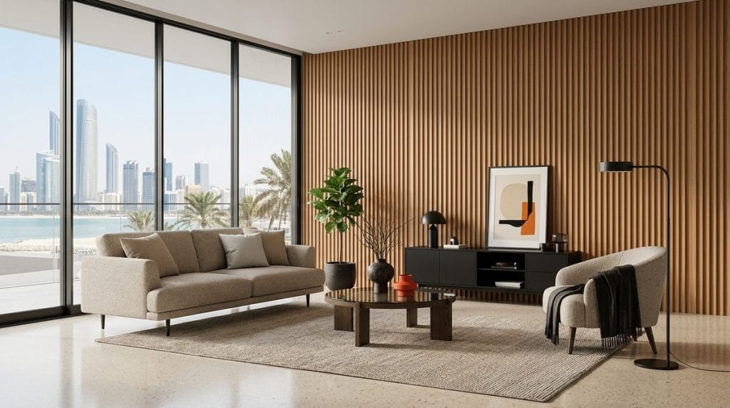 Fluted WPC wall panels in a modern UAE living room — NOVA Select